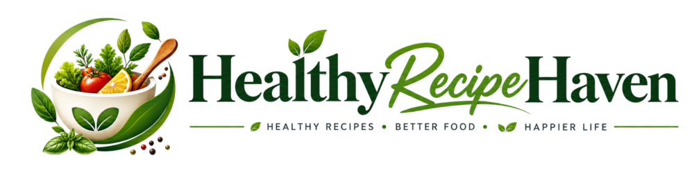 Healthy Recipe Haven logo featuring a bowl of fresh vegetables, tomato, lemon slice, and herbs alongside the tagline "Healthy Recipes, Better Food, Happier Life."